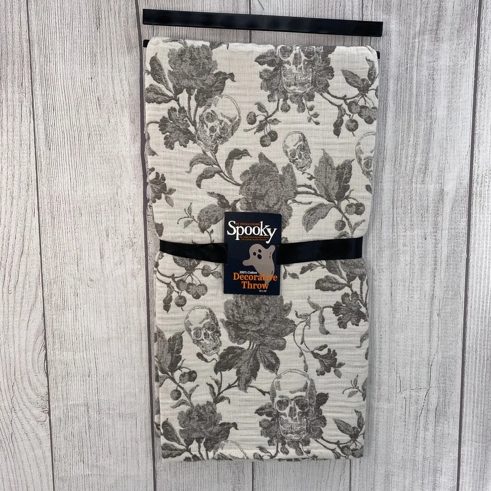 Indigo Home Throw Blanket 50x60 Spooky Skull Floral Toile Grey White Halloween